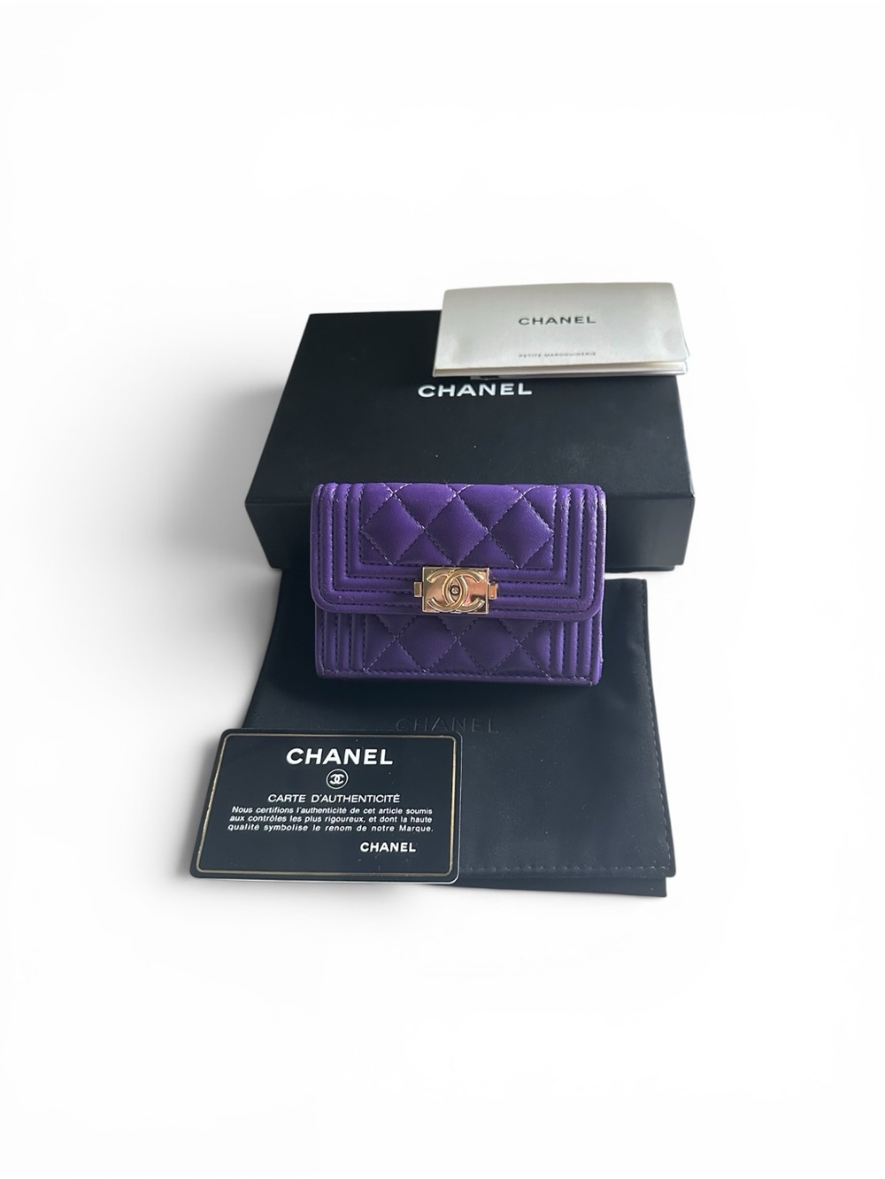 CHANEL Boy Purple Lambskin Quilted Flap Wallet Card Holder Full Set - Picture 4 of 16